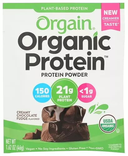 Orgain Organic Plant Protein Chocolate Fudge Powder Packets, Case of 10, 1.62 Ounce Packets